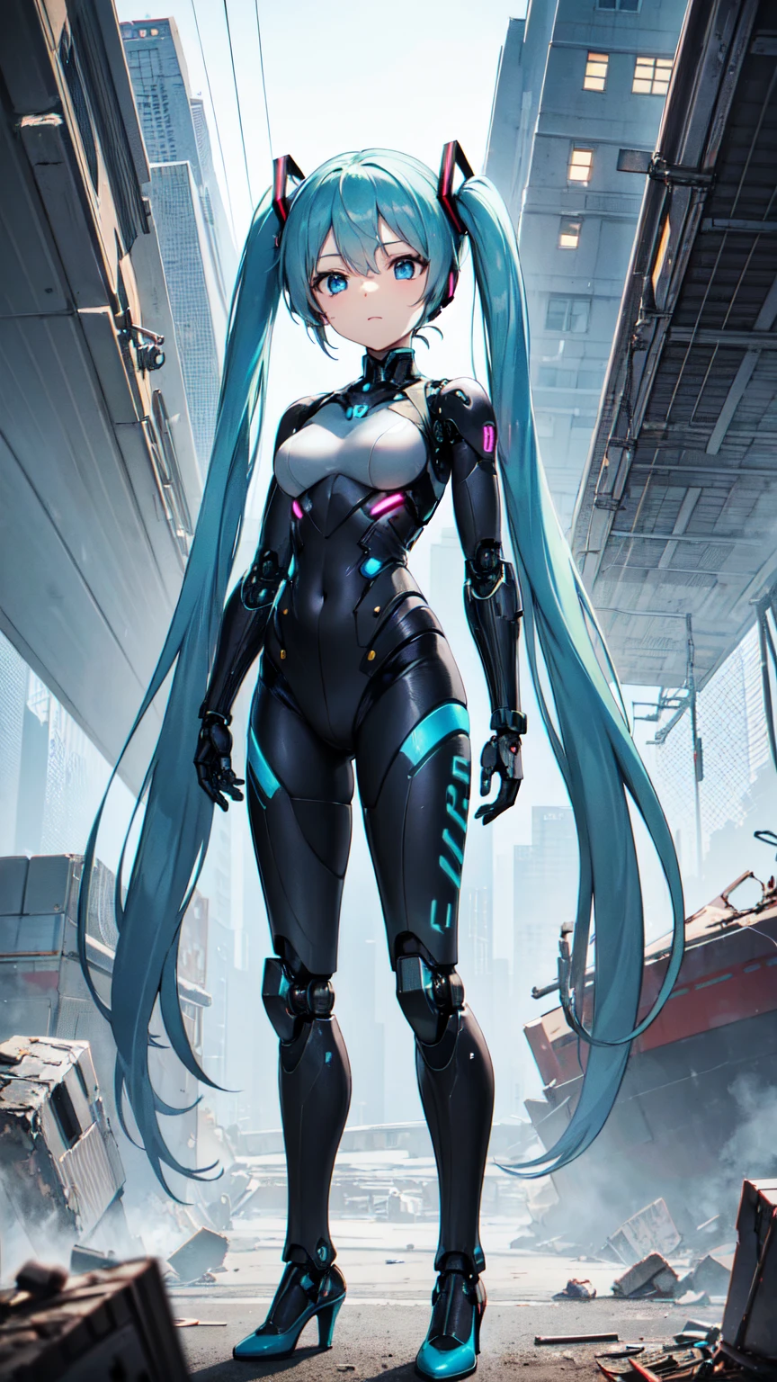 Hatsune Miku Vocaloid、Twin tails、Light blue hair、Bright Blue Eyes、High heels、Highly sophisticated cyborg, Arms folded in front of the destroyed city, Bionic body with futuristic details. (破壊された街の前で腕を組んだHighly sophisticated cyborg, Bionic body with futuristic details.)