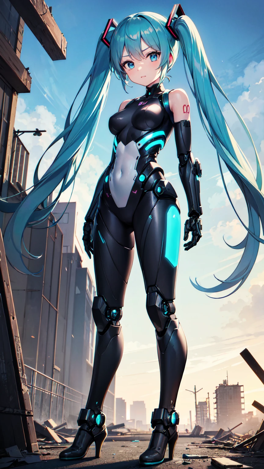 Hatsune Miku Vocaloid、Twin tails、Light blue hair、Bright Blue Eyes、High heels、Highly sophisticated cyborg, Arms folded in front of the destroyed city, Bionic body with futuristic details. (破壊された街の前で腕を組んだHighly sophisticated cyborg, Bionic body with futuristic details.)