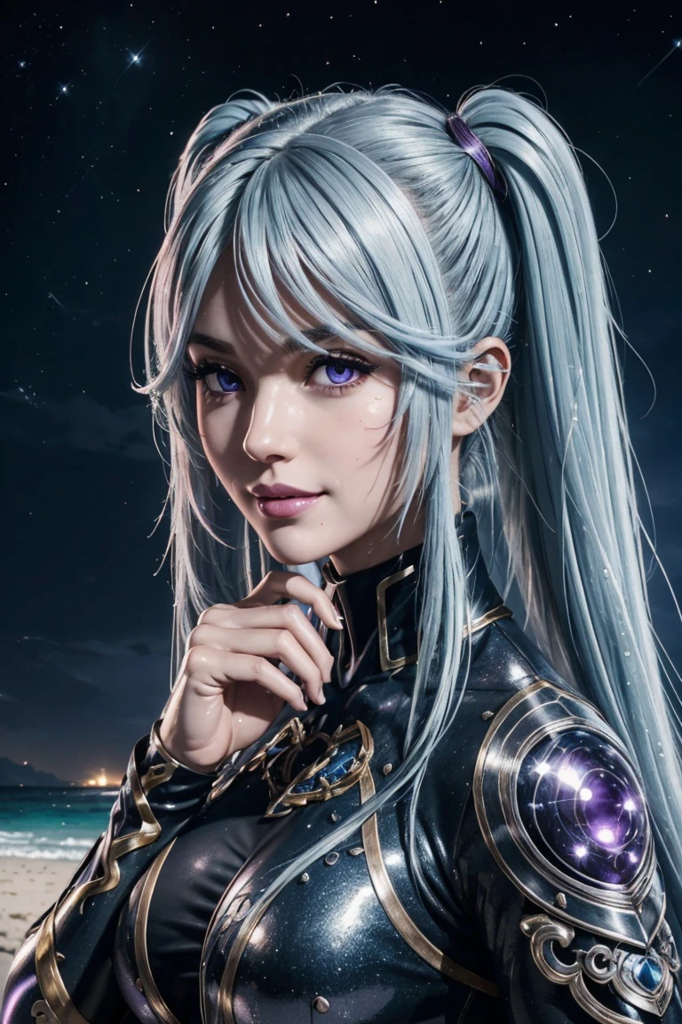 I want to be a powerful figure behind the scenes！,Epsilon,Silver blue hair,long hair,Twin tails,Aligned bangs,Beautiful purple eyes,Beautiful white skin,Photorealistic,Ultra HD,high quality,masterpiece,Digital SLR,Detailed details,Intricate details,Anatomical basis,Depicted in detail,A detailed face,Realistic skin texture,Vivid details,Perfect Anatomy,Perfect Anatomy,Anatomically correct hand,Anatomically correct fingers,Super Detail,Complex 3D rendering,Sexy pose,tail,Wet,Beautiful night sky,A beach with a beautiful starry sky,Fantasy worldview,Picturesque,Pink Lips,smile,