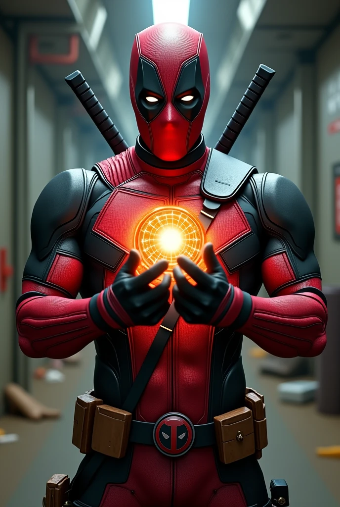 Deadpool holding arc reactor
