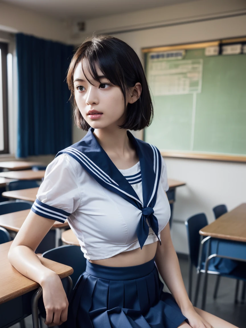 (masterpiece:1.2), Very detailed, Ultra-high resolution, (Realistic, photo Realistic:1.6), High-resolution RAW color photos, Professional photos, Sharp focus:1.2, (Very detailed顔と肌の質感, Very beautiful eyes, Glossのある肌, Glowing Skin, Glowing Skin, Shining Face, Gloss, Oily skin, greasy face, Oily skin, greasy face,),, (real Glossのある肌 texture), Perfect Anatomy, Very detailed背景,(High school classroom at night),1 female,25-year-old woman, Japanese women,height: 168cm,(short hair, Straight hair, bangs, Brown Hair),((Flat Chest:1.6)),(Slim, thin legs), ((((Short Sleeve White Sailor School Uni形状、Navy blue pleated skirt:1.5、A perfectly detailed bra covered by a sailor suit:1.5、Perfectly detailed T-panties under skirt:1.5))),(sit at a desk with your knees up:1.4)、(((Wet and sheer sailor suit:1.4)))