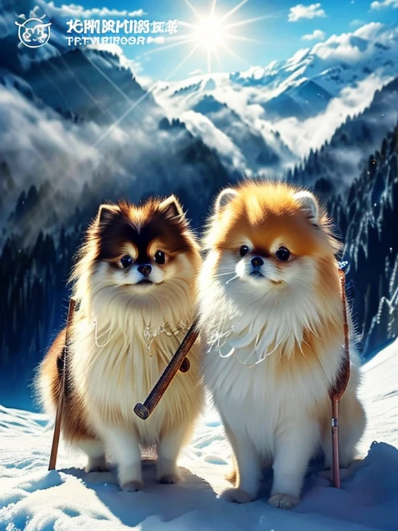 Three savior-like Pomeranians, Pomeranian standing on two legs, Holding a walking stick, Watching over with kind eyes, In the fantastic foggy mountains, The mysterious morning sun shines through the mist