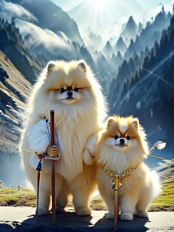 Three savior-like Pomeranians, Pomeranian standing on two legs, Holding a walking stick, Watching over with kind eyes, In the fantastic foggy mountains, The mysterious morning sun shines through the mist 