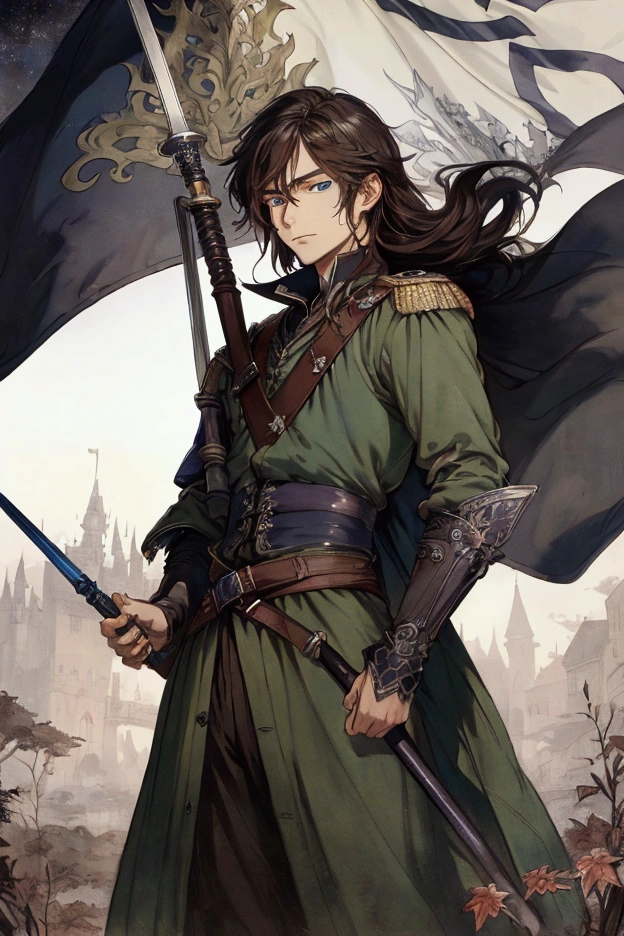 (Masterpiece), ((Highest Quality)),(Official Art),Dark cynicism:1.2),(1boy: 1.3), A 19 years old flagbearer man with long hair, dark brown hair, blue eyes, clad in dark military uniform, holding a flag and a rapier. Detailed drawing. Detailed eyes. Masculine jaws. Detailed banners and flags. Soft fairytale picture Arthur Rackham style. Colorful, best detailed ((super detailed)), (highly detailed 2D bishonen illustration), ((dark and beautiful))