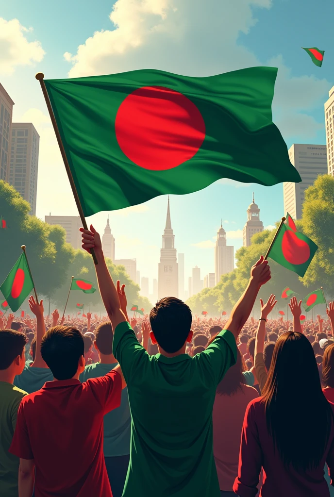 বৈষম্যবিরোধী ছাত্র আন্দোলনের victory with national flag of Bangladesh with slogan হার না মানা বাংলাদেশ।