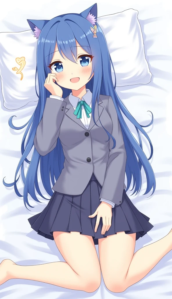 One girl, blue eyes, Long Hair, Blue Hair, Long sleeve, bangs, Cat ear, hair ornaments, Sleeves are longer than the wrist, blush, collared, Simple Background, Staring at the audience, One side up, Hair between the eyes, Slope, ;3, Slope background,Ecstatic expression,beautiful girl, Close your mouth, Heart symbol on background, High School Uniform, skirt,blazer,Lying in bed,Spread your legs