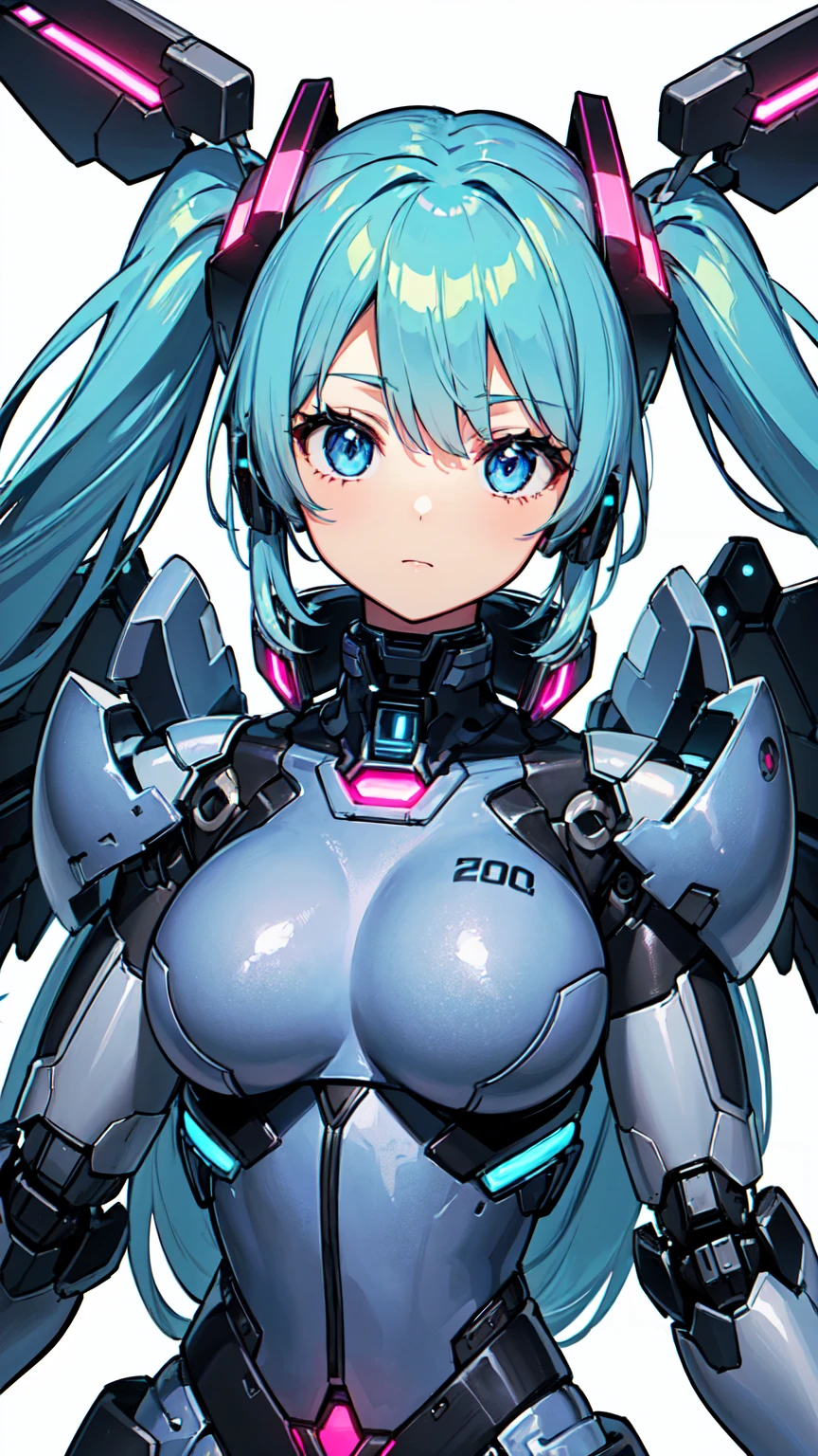 [(White Background:1.5)], (((masterpiece))), (Upper Body), One girl, ((Cyborg Girl)), alone, Hatsune Miku・VOCALOID、Light blue hair, Twin tails、Long Hair, Blue inner hair, blue eyes, sf, (mecha musume:1.5), ((Attack Type)), Machinery Parts, Orange headgear, Mechanical wings and tail, ((Mechanical Black Heavy Armor)), ((Neon Light Blue)), Anime Style