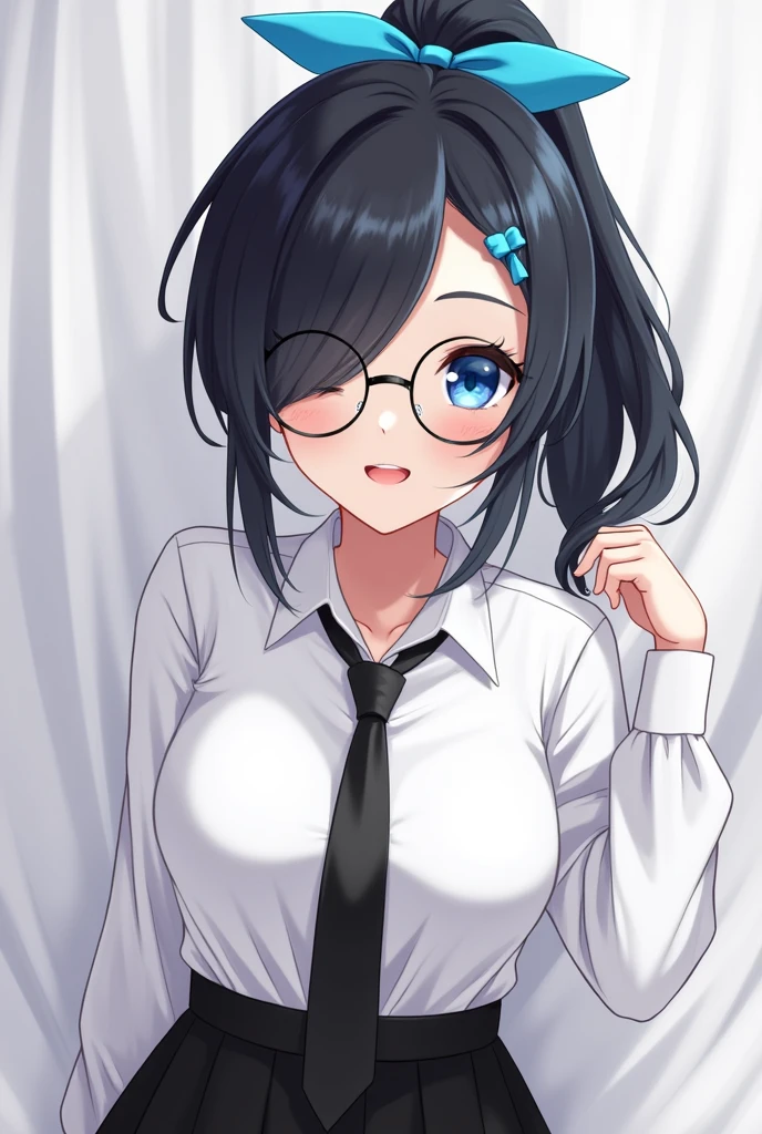 (High quality, 8ก, 4K, high contrast, Masterpiece:1.2, 最High quality, The best aesthetics ), beauty, very detailed, Sexy and erotic girls, (large breasts, long black hair , High ponytail , I have a lifted forehead. , My face covers one eye. , Blue hair bow , blue eyes ) , Girl 1 , white shirt , black skirt , Black tie , Wear round glasses , Height 166 , Gentle face 