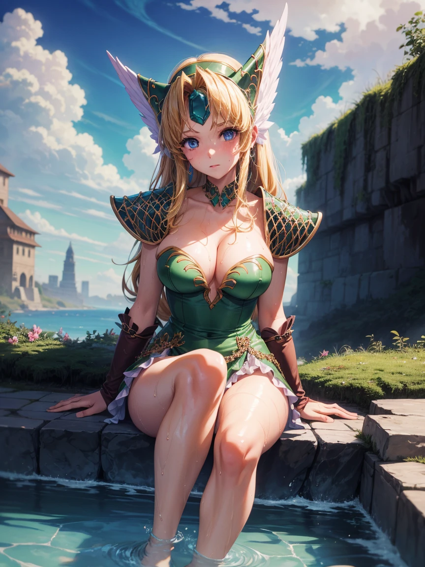 masterpiece, Highest quality, High resolution, One Girl,lease,Green Shoulder Armor, sweating,blush,vapor, Cleavage,Wet body, Young female,Beautiful Finger,Beautiful long legs,Beautiful body,Beautiful Nose,Beautiful character design, perfect eyes, perfect face,expressive eyes,scenery,