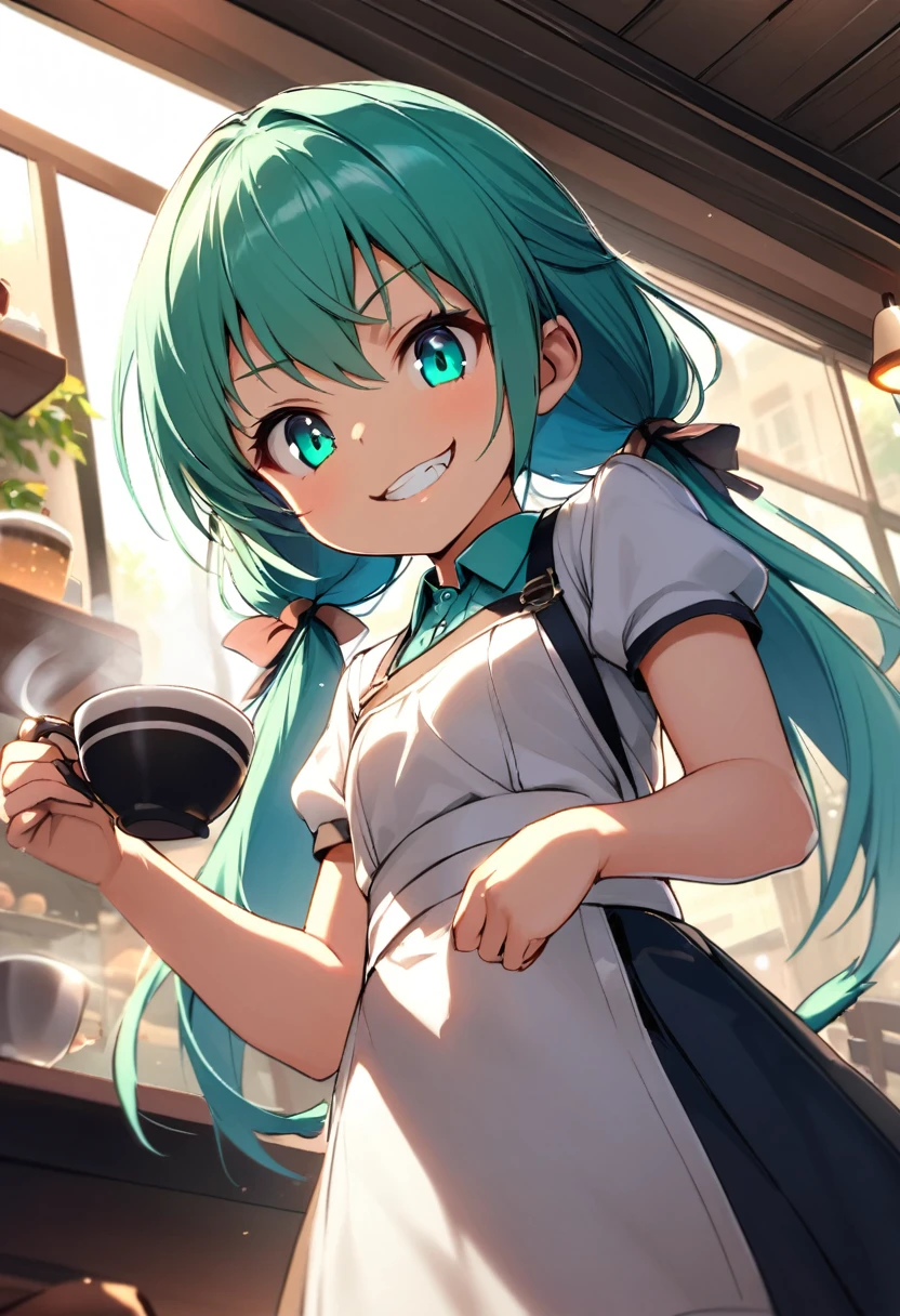(()), ((petite)), ((teenage)), ung girl)), ((young age)), ((14 year's old)), midiam breasts, short pig tail, low twintails, Teal green hair, waitress, hold a tea cup in one's hand, smirk, evil grin, cafe, dynamic angle, from below