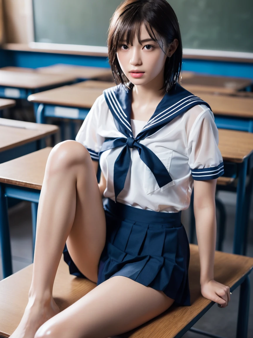 (masterpiece:1.2), Very detailed, Ultra-high resolution, (Realistic, photo Realistic:1.6), High-resolution RAW color photos, Professional photos, Sharp focus:1.2, (Very detailed顔と肌の質感, Very beautiful eyes, Glossのある肌, Glowing Skin, Glowing Skin, Shining Face, Gloss, Oily skin, greasy face, Oily skin, greasy face,),, (real Glossのある肌 texture), Perfect Anatomy, Very detailed背景,(High school classroom at night),（1 female）,25-year-old woman, Japanese women,height: 168cm,(short hair, Straight hair, bangs, Brown Hair),((Flat Chest:1.6)),(Slim, thin legs), ((((Short Sleeve White Sailor School Uni形状、Navy blue pleated skirt:1.5、A perfectly detailed bra covered by a sailor suit、Perfectly detailed T-panties under skirt))),(sit at a desk with your knees up:1.4)、(((Wet and sheer sailor suit:1.4)))