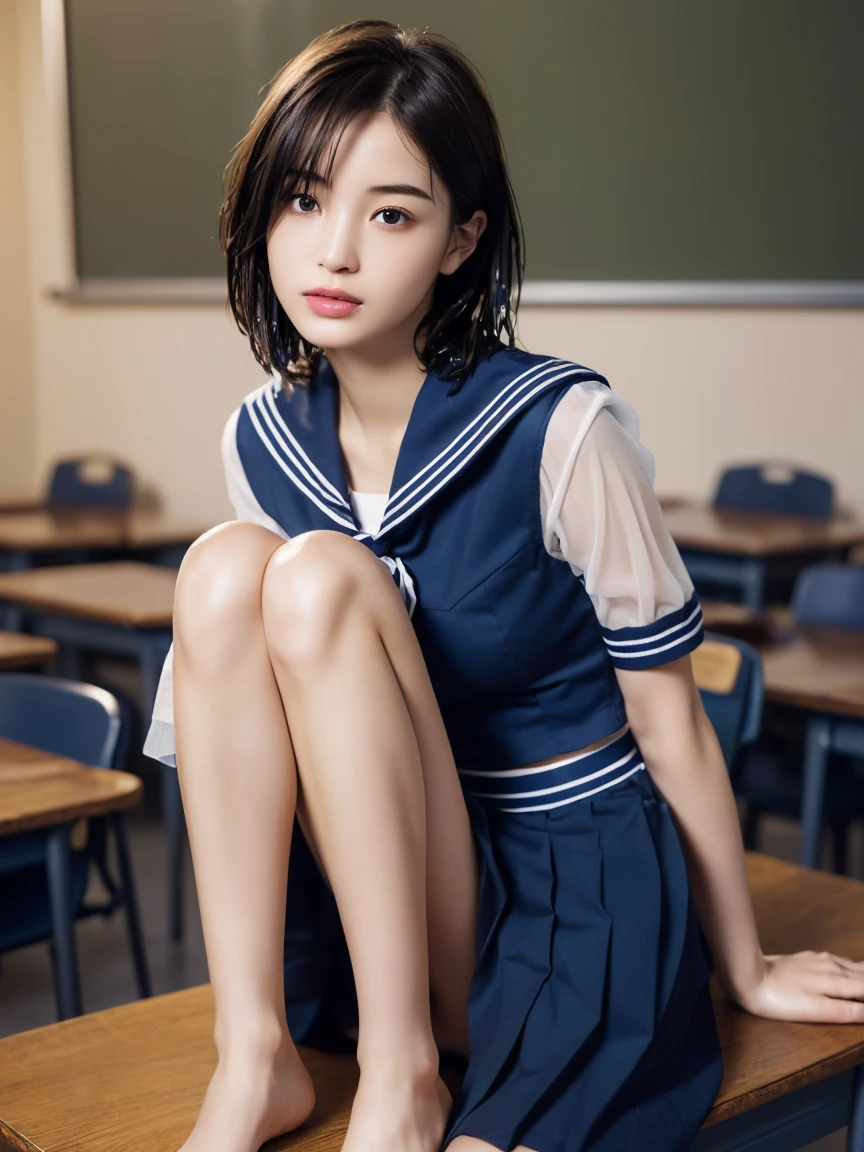 (masterpiece:1.2), Very detailed, Ultra-high resolution, (Realistic, photo Realistic:1.6), High-resolution RAW color photos, Professional photos, Sharp focus:1.2, (Very detailed顔と肌の質感, Very beautiful eyes, Glossのある肌, Glowing Skin, Glowing Skin, Shining Face, Gloss, Oily skin, greasy face, Oily skin, greasy face,),, (real Glossのある肌 texture), Perfect Anatomy, Very detailed背景,(High school classroom at night),(1 female),25-year-old woman, Japanese women,height: 168cm,(short hair, Straight hair, bangs, Brown Hair),((Flat Chest:1.6)),(Slim, thin legs), ((((Short Sleeve White Sailor School Uni形状、Navy blue pleated skirt:1.5、A perfectly detailed bra covered by a sailor suit、Perfectly detailed T-panties under skirt))),(sit at a desk with your knees up:1.4)、(((Wet and sheer sailor suit:1.4)))
