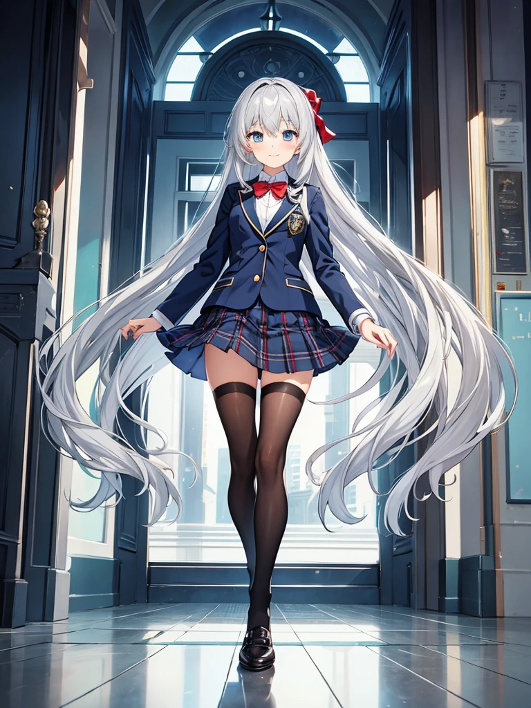 masterpiece, best quality, extremely detailed, anime, 1girl solo girl, straight long hair, silver hair, light blue eyes, school uniform, navy blazer, red bow tie, dark brown plaid skirt, pleated skirt, tights, loafers, long sleeves, slender, small breast, slimmer thighs, beautiful detailed face and eyes, calm, smile, tidy, standing figure, full body, no background