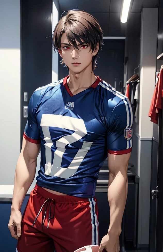 Man with normal hair straight, football jersey 70 in shirt, high detailed, realistic, ultra realistic, villain, football skin t shirt and ((football short pant)), blue football skin shirt, ((red eyes))