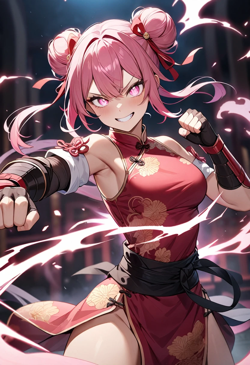 (masterpiece, top quality, very aesthetic, 4k、illustration), intricate detail, 1woman,solo,contrapposto 、Strong glowing eyes、,(cowboy shot)、grin、Aura in the fist、(Martial artist),beautiful face、fingerless gloves、Clenched fist、double bun、(fluorescence pink gradient hair)、fighting spirit、multicolored hair,hair ribbon,middle hair,sidelock ,レッド eyes、china dress、arm guards、Warrior、medium breasts、Slim 、