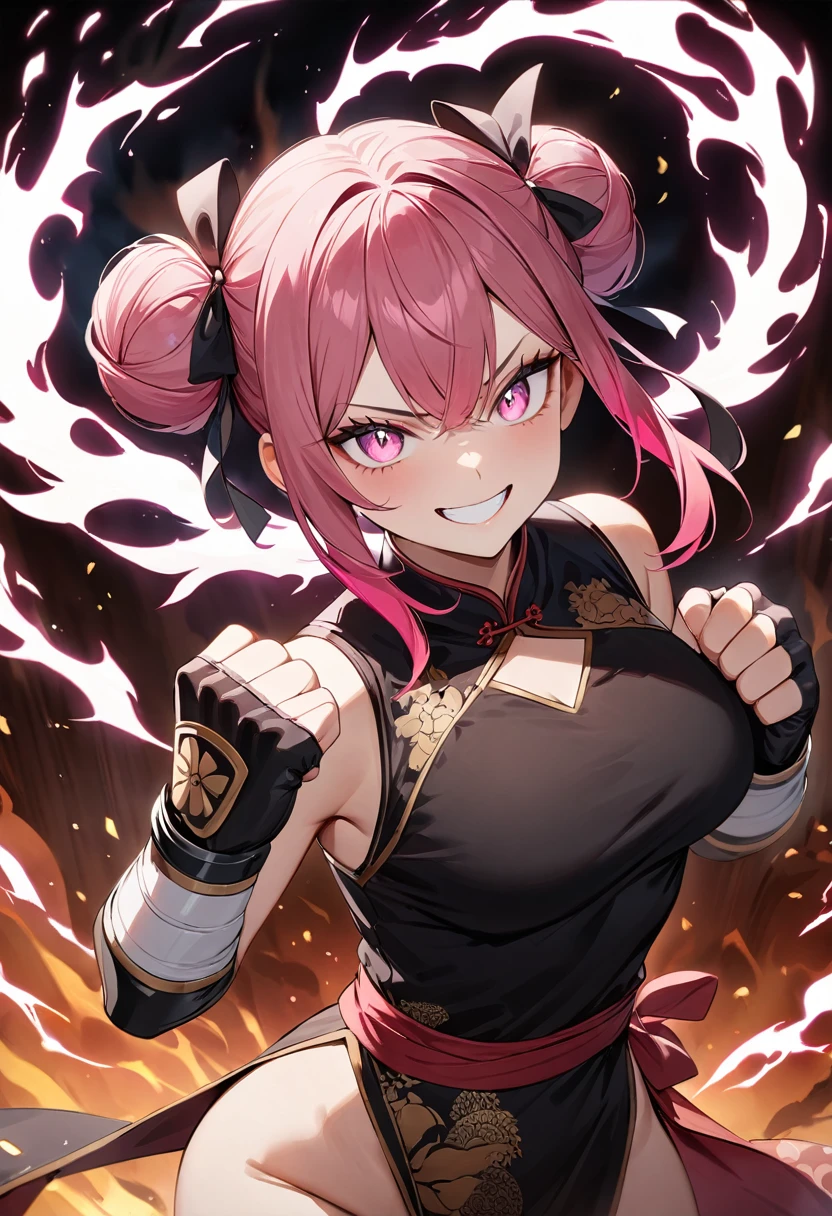 (masterpiece, top quality, very aesthetic, 4k、illustration), intricate detail, 1woman,solo,contrapposto 、Strong glowing eyes、,(cowboy shot)、grin、Aura in the fist、(Martial artist),beautiful face、fingerless gloves、Clenched fist、double bun、(fluorescence pink gradient hair)、fighting spirit、multicolored hair,hair ribbon,middle hair,sidelock ,レッド　eyes、china dress、arm guards、Warrior、medium breasts、Slim 、
