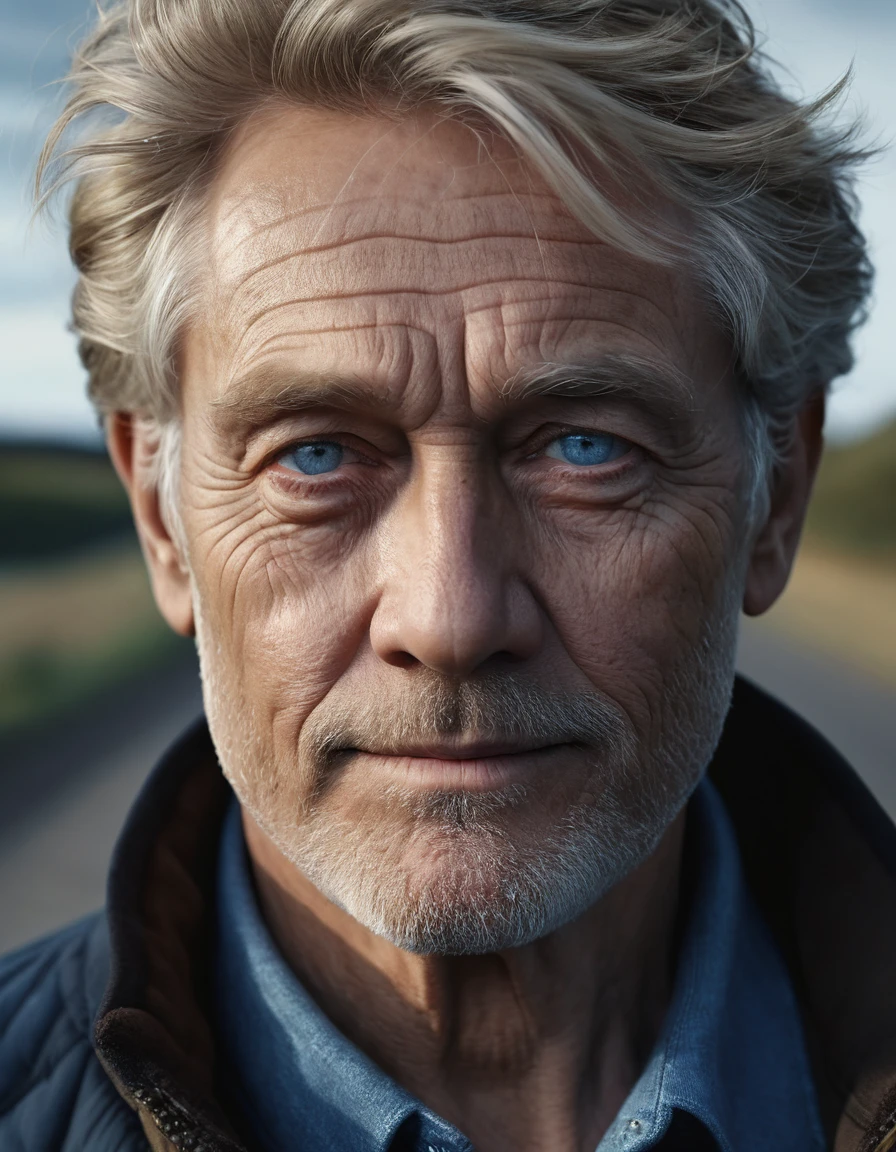 Man. Dark brown-blonde hair. Light skin. Dark Blue-grey eyes. Pole nationality. 70 years old., (best quality,4k,8k,highres,masterpiece:1.2),ultra-detailed,(realistic,photorealistic,photo-realistic:1.37),cinematic composition,beautiful scenery,moody,atmospheric,vibrant colors