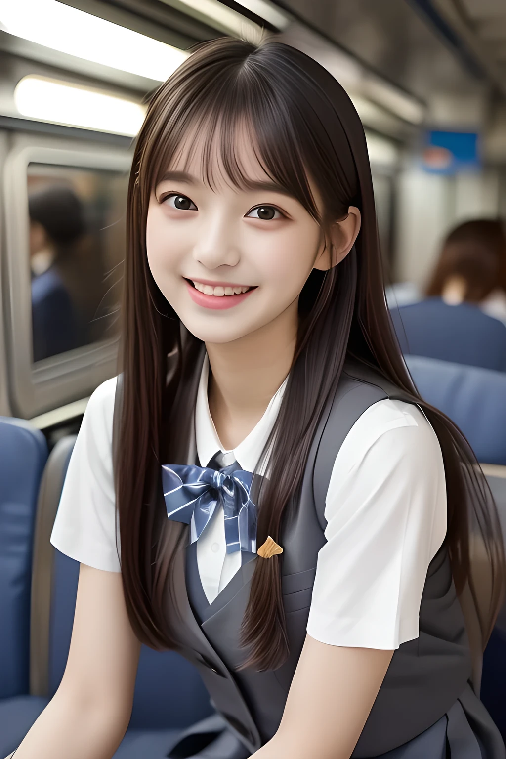 (highest quality, masterpiece, high resolution:1.2), 4K, (Photo quality detailed cute face: 1.4), (Giorgione painting style: 0.8), geometry, (14 yo cute girly Japanese girl is seated and looking ME up in a train crowded with may girls: 1.0), Laughing cutely, (neat girly white short-sleeves school blouse: 1.0), (puffed short sleeves: 1.0), (Dark red glossy school ribbon on the breast: 1.0), (Gray Japanese school girly vest Uniform: 1.2), (Box-pleated gray short school skirt: 1.2), (Extremely laughing cheeks: 1.0), (Beautiful light-amber cute-dolly large clear eyes with detailed cutely: 1.4), (Long bottom eyelashes: 1.2), (Expressing the greatest joy with her whole body: 1.2), (Glossy lips: 1.0), (Super-straight super-long hair: 1.5), (white and clear skin: 1.0), (Promoting Shampoo: 1.2)