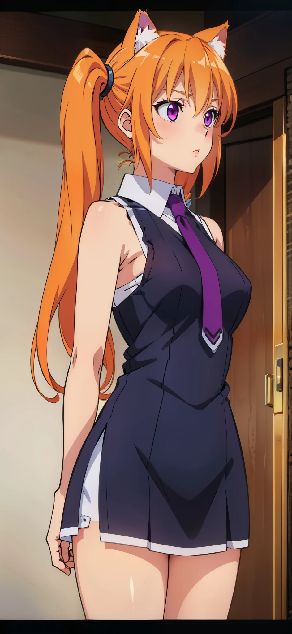 1 girl, 20-year-old, medium , sleeveless, blushed, long hair, orange hair, purple eyes, standing, cowboy_shot, twintail , collar, cat ears, submissive