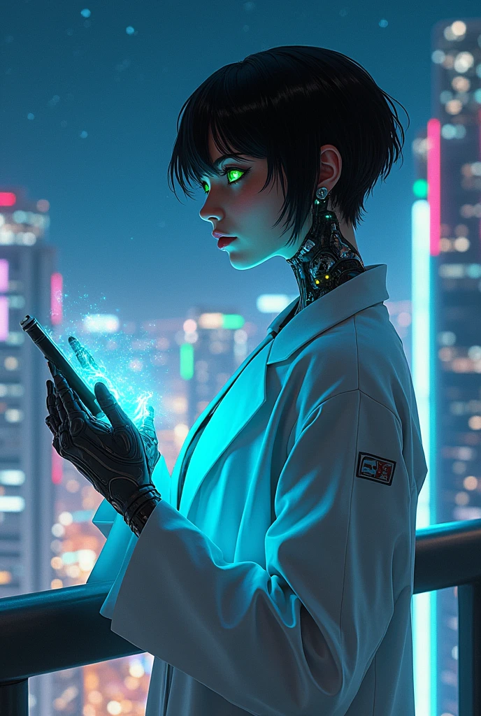 A woman inspired by the character Makima, but with short black hair, and intense green eyes, wears a white scientist coat. Some parts of your body are cybernetic, with metallic details and pulsating blue lights on her arm and neck. She is on a hotel balcony in the center of a futuristic city., at night. The sky is starry, and below it, illuminated skyscrapers and colorful neons create a vibrant atmosphere. In one hand, she holds an advanced technological device, projecting holograms that float in the air. Ela olha para o horizonte, thoughtful, while the technology that surrounds it reflects its position of power and knowledge.
