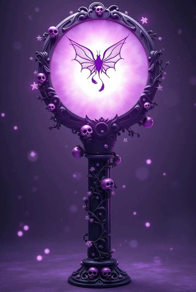 a Lightstick with a small fake bat in the center on a lilac background, thick stick, details with glitter, stars and small skulls. Only PURPLE, WHITE AND BLACK are allowed colors.
