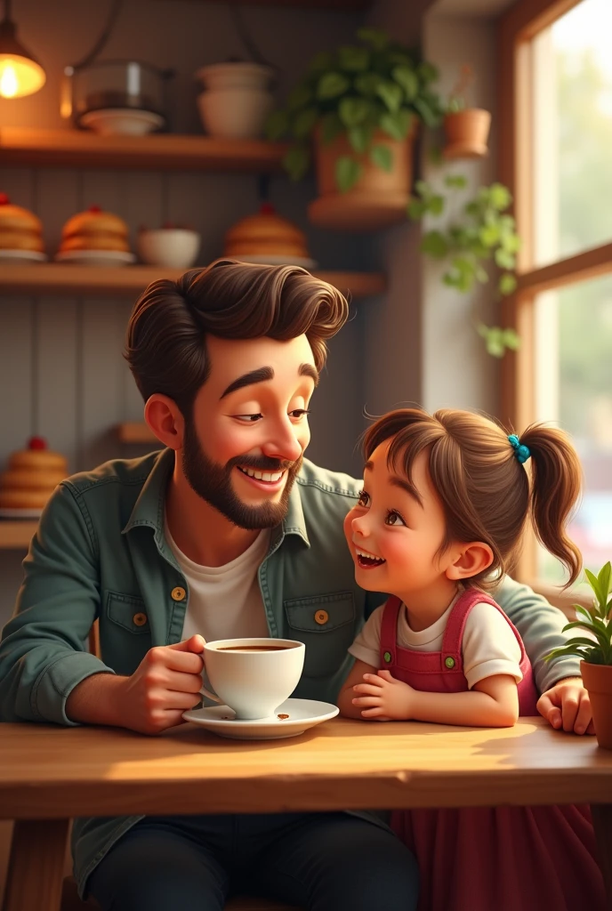 "Create a heartwarming image of a father and his young daughter enjoying a joyful moment together in a cozy bakery. The father, in his mid-30s, has a warm smile, and the daughter, around 5-6 years old, is giggling with delight. The setting is a charming, rustic bakery with wooden tables, warm lighting, and a display of fresh pastries in the background. The atmosphere should feel inviting and full of warmth, capturing the love and happiness between them as they share coffee and a treat."