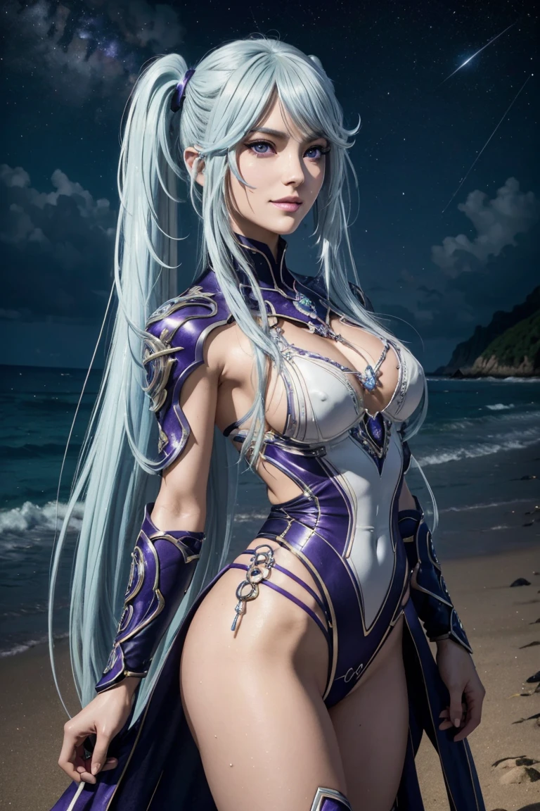 I want to be a powerful figure behind the scenes！,Epsilon,Silver blue hair,long hair,Twin tails,Aligned bangs,Beautiful purple eyes,Beautiful white skin,Photorealistic,Ultra HD,high quality,masterpiece,Digital SLR,Detailed details,Intricate details,Anatomical basis,Depicted in detail,A detailed face,Realistic skin texture,Vivid details,Perfect Anatomy,Perfect Anatomy,Anatomically correct hand,Anatomically correct fingers,Super Detail,Complex 3D rendering,Sexy pose,tail,Wet,Beautiful night sky,A beach with a beautiful starry sky,Fantasy worldview,Picturesque,Pink Lips,smile,