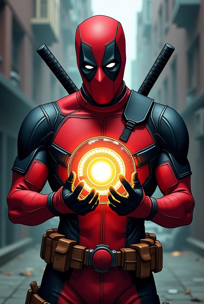 Deadpool holding arc reactor
