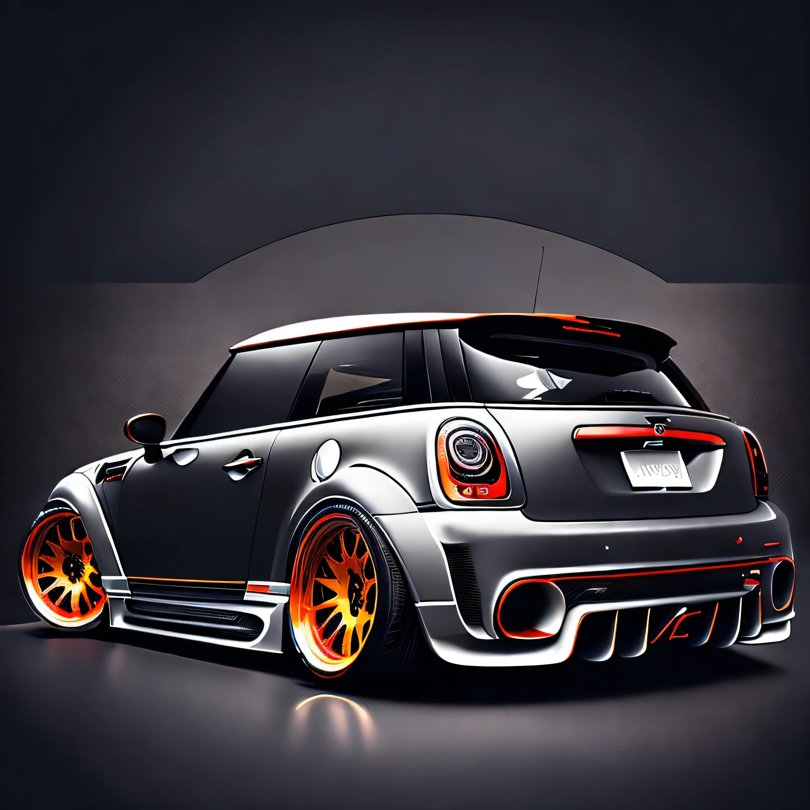circle t-shirt graphic design, rear view of F56 Mini Cooper S matte grey and black roof and black bonnet stripes colour scheme, ((carbon fibre, Liberty walk ultra wide body kit)), aggressive stance ((background: racetrack, outside old industrial style building, large windows in background, bright sky, heavy industrial look, 8K quality, realistic, realism, sharp, detailed, ultrawide, , front profile, epic stance, epic ultra wide body kit, super low stance, aggressive looks , street, highly detailed clean, vector image, realistic masterpiece, professional photography, realistic car, flat black background, isometric, vibrant vector
