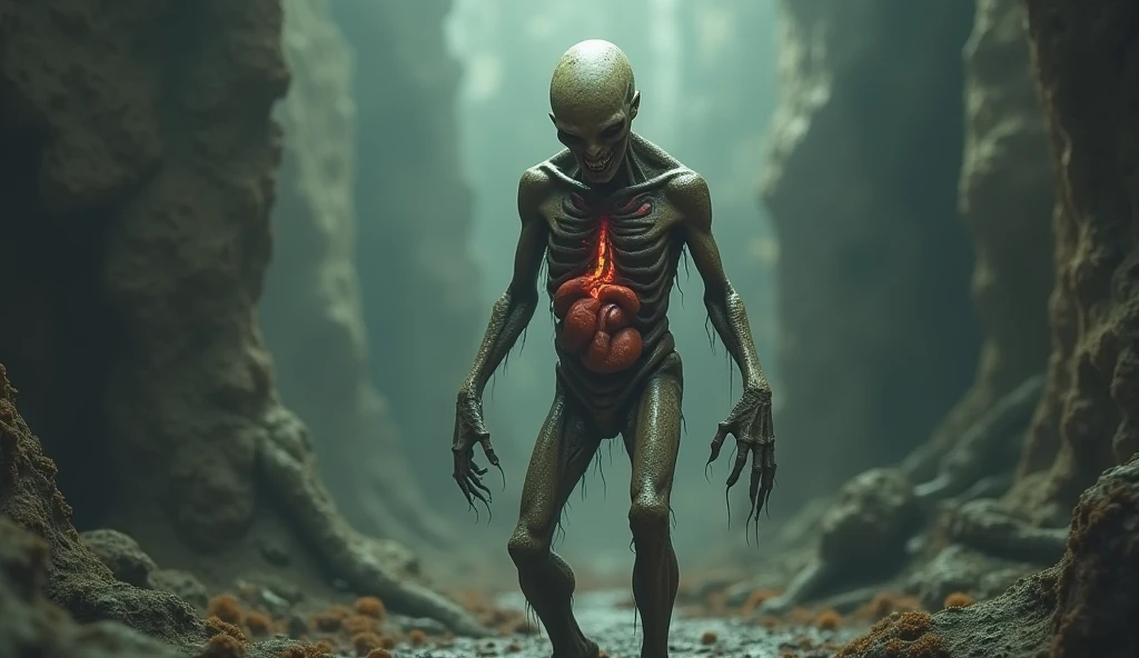 fantchar, a Zombified Alien that is Standing on two Legs. The creatures chest is transparent so you can see it's internal Organs.