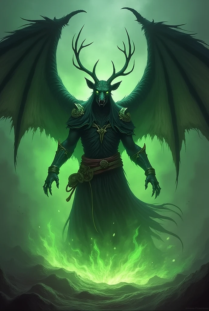 A dark mass in which a mage dressed in a buck's head and bones draws strength from a green fire expand her body giving black green reddish wings