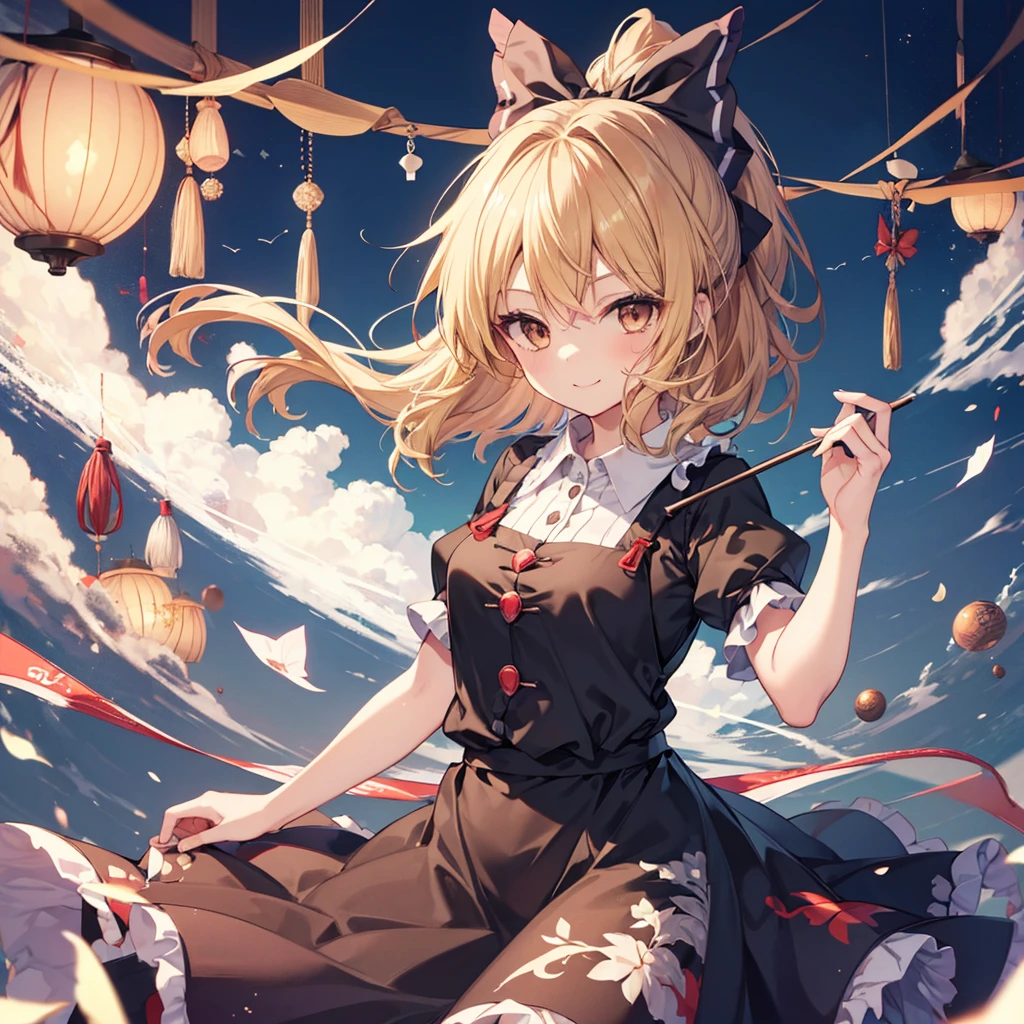 1girl, kurodani yamame (touhou), brown eyes, blonde hair, ponytail, brown hair bow, brown pinafore dress, black shirt, buttons,smile
