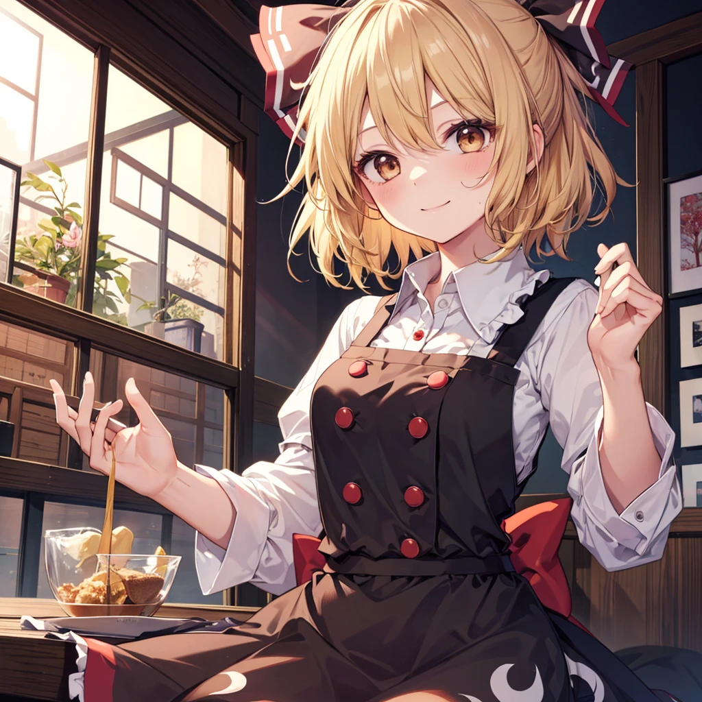 1girl, kurodani yamame (touhou), brown eyes, blonde hair, ponytail, brown hair bow, brown pinafore dress, black shirt, buttons,smile