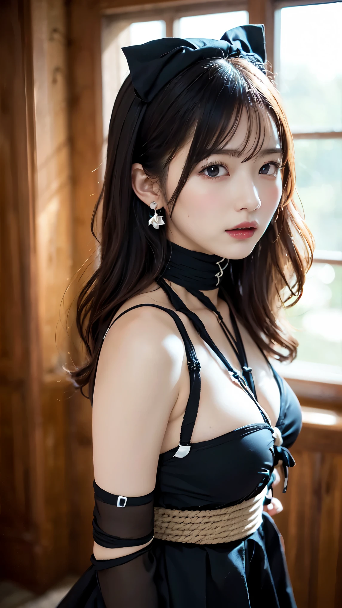 Wear the cutest gothic maid outfit in the world,The cutest maid choker in the world、The cutest gloves in the world、The most beautiful skin in the world、The most beautiful earrings in the world、The cutest sleeping face in the world、The cutest gravure idol pose in the world、Perfect Proportions、cute、((18-year-old female:1.2))、Young and adorable Japanese face,Official Art,Highly detailed CG Unity 8K wallpapers,(masterpiece:1.0),(Highest quality:1.0), 超High resolution,4K,Very detailed, photo shoot, 8k, Hmph, High resolution, Kodak Portrait 400, Film Grain, Lens Flare Glow,高いest quality,8k,Hmph:1.2),Portrait Shot,8k、Show Viewer, ((shibari:1.5)),((Bondage:1.4))、(Tied up with rope in an old mansion:1.5), (Sexy pose:1.5), (Detained and deprived of freedom:1.5), ((Sensational gaze:1.2)), The rotor is inside the vagina, Ecstasy face, Climax expression, Side view, ((I can not stand it:1.5))