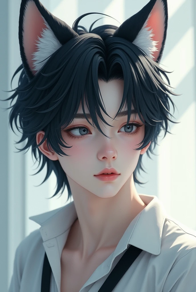 A beautiful boy with dog ears, androgynous face, about 22 years old, hair color is black, dog ears are white, they say dog ears are white