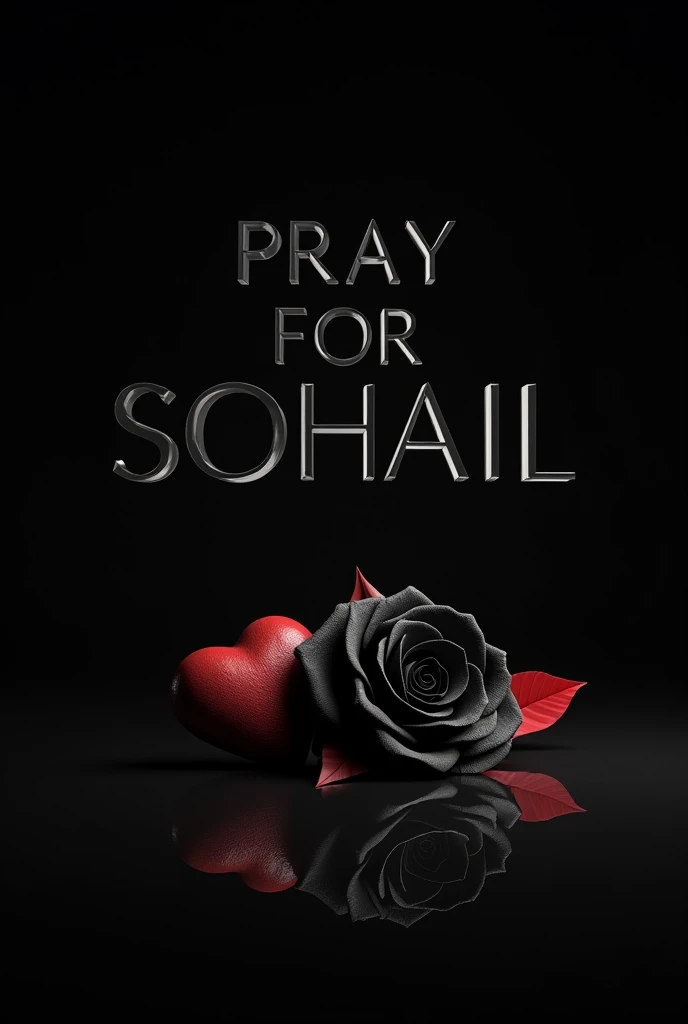 PRAY FOR SOHAIL write on BLACK BACKGROUND in large fonts with BLACK ROSE with red leafs and real broken Heart