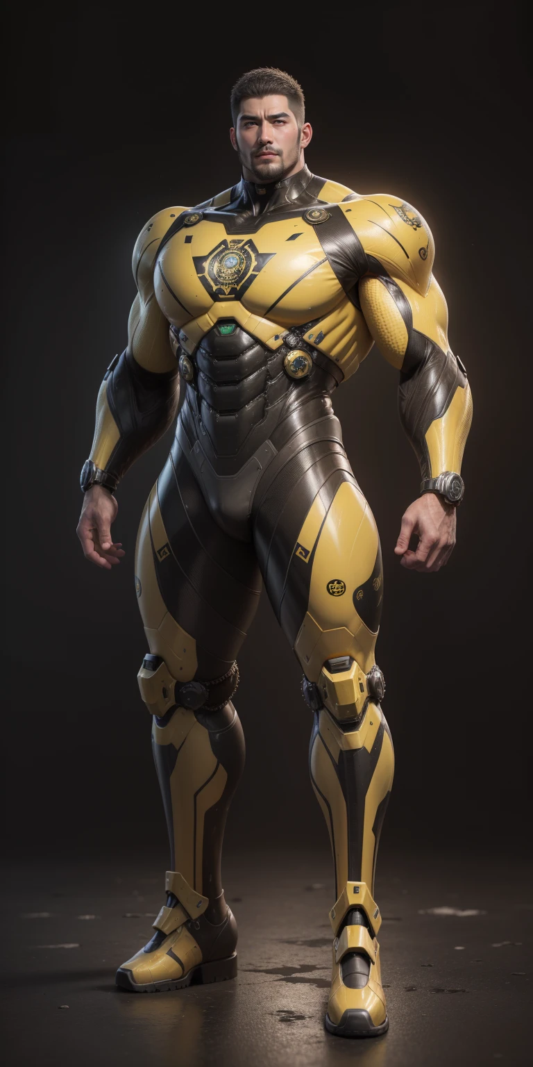 Tall giant muscular police officer，Yellow and black camouflage patterned nano mecha，Honeycomb pattern，Lightweight texture，Character Concept（Resident Evil - Chris Redfield，Chris Redfield）senior police officer，Small grid texture，Regular symmetrical texture pattern，Sad expression，Deep and charming eyes，Standing in a bright mechanical laboratory，Emerald Eyes Hero，Heroic male pose，高大Burly，muscular！Attractive leg muscles，High target, Burly, Heqiang，  Super Buff and Coolness， High Resolution Committee， Bigfoot yellow-gray ultra-thin nano-mechanical boots，Charismatic strongman，The bright sunshine shines on you，Matte particles，Shiny texture