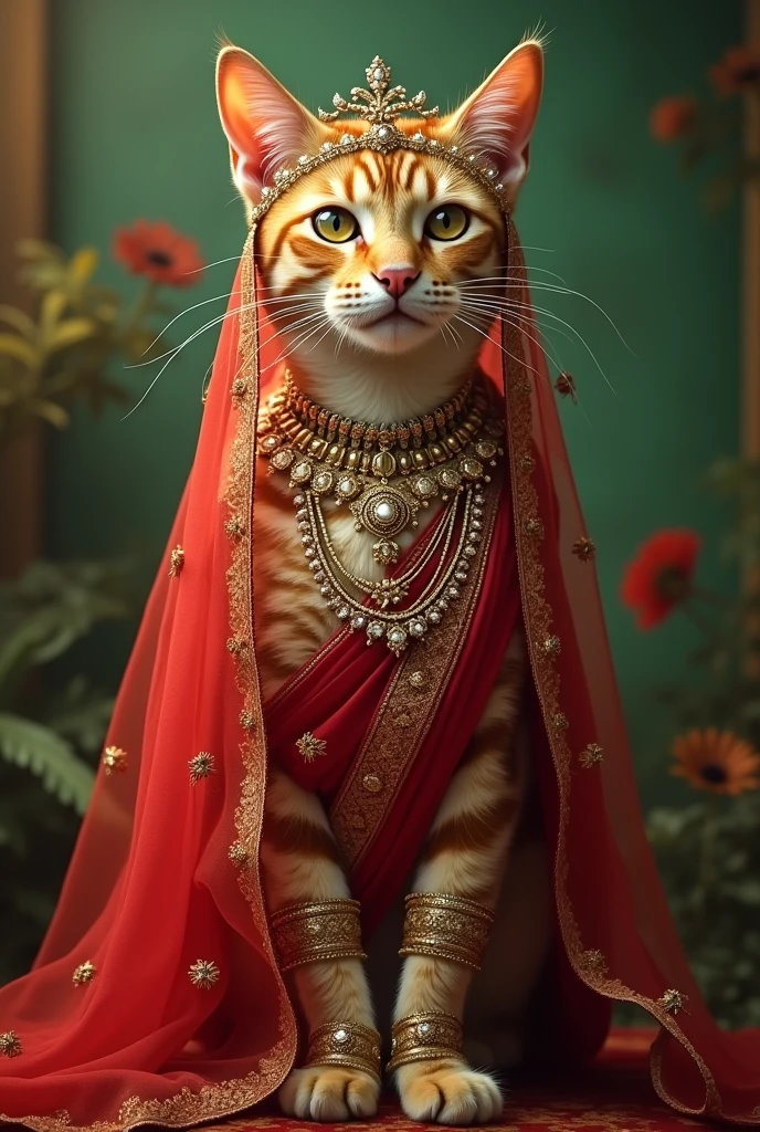 A bride cat wear red saree and jeweller y like indian bride stand position