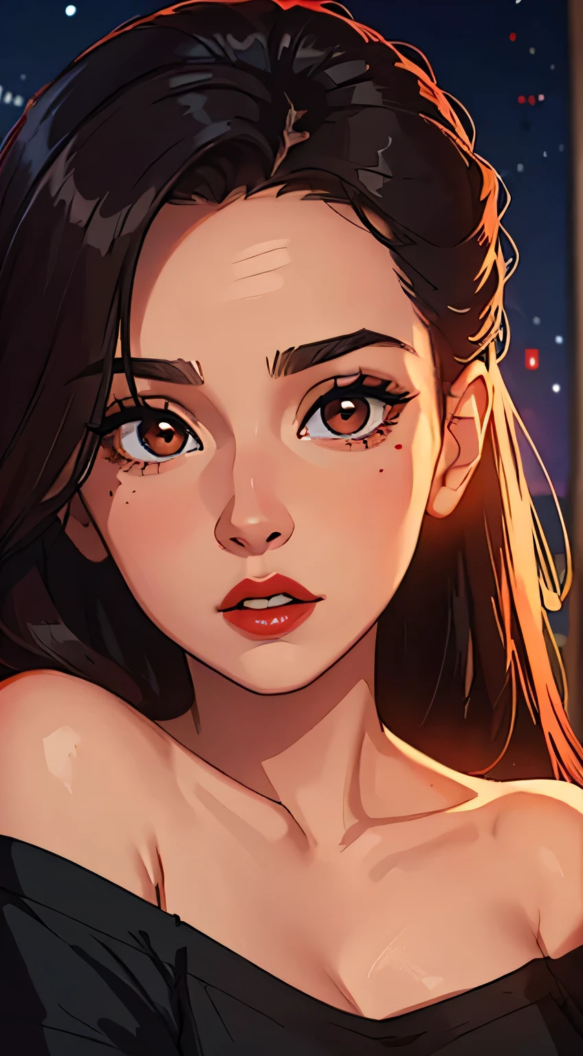 Amazing portrait of a woman who is 30 years old and an adult and a sexy woman wearing an off shoulder oversized t shirt during night time with soft lighting showcasing her red lips and her beautiful face in detail and close up