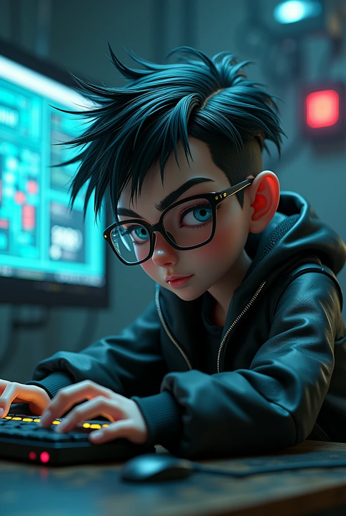 Make a doll-like masculine character that matches the name NOOB but is a hacker