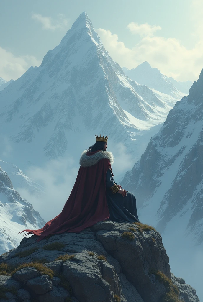 Make a picture of king who is sad and who is on mountain 