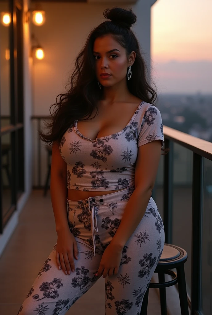 (Best Quality, 8k, 32k, Ultra Detailed Face, Detailed Lips, Fine Eyes, Double Eyelids, alluring plus size model, curvy figure,, lora Valeria, detailed face, detailed eyes, full lips, realistic features, highly detailed, plus size woman wearing tight printed satin t-shirt,  (various color tight silk crop pants) 8k, chubby, dslr, slight smile, sexy, woman balcony, nice view background, (Same character multiple poses sheet), (fluffy turned), curves, detailed skin, skin texture,curves, (realistic, photo realistic:1.2), high detail RAW color photo,(realistic:1.5) visible facial pores:1.2),skin texture, ([(realistic:1.125)|(matte:1.125)|extremely detailed|natural|beautifully styled] human hair:1.5) ([human [head|hair|chest|hips|legs|feet]|well drawn|present| visible] in frame:1.25) human skin has [visible|[(wrinkles:0.625)|small pores]], no flash, stool, floral satin pants, messy hair, tied hair, a full length portrait, 40mm lens (low light) evening, lights in background,low light, sunset, (lora Valeria), (full body view in camera)