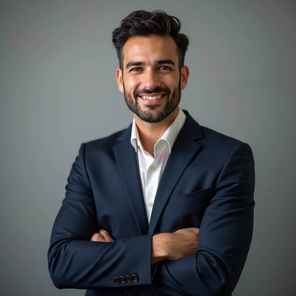 Imagine a perfect man to act as a financial consultant. His name is Thiago Pereira. He is 35-40 years old, 1.85 meters tall, and has a good physical build, reflecting a healthy and active lifestyle. He dresses elegantly and sophisticatedly, combining suits for meetings and high-quality casual clothes for daily interactions. His appearance conveys confidence and professionalism.Thiago is confident, empathetic, and persistent, facing challenges with a positive mindset. He excels in communication, being clear and persuasive in explaining complex financial concepts in a simple and engaging manner.With a solid background in finance, economics, or related fields, and relevant certifications, Thiago has deep knowledge of finance, investments, and business strategies. He is skilled in using digital tools and online platforms, such as social media, blogs, and videos.Professionally, he is proactive, organized, and effective in creating relevant and timely content, maintaining a well-curated online presence. His social media and LinkedIn profiles are up-to-date, and he maintains a personal website with useful resources. He regularly shares financial tips, market analyses, and investment strategies.Thiago is driven by the mission of helping his clients achieve financial stability and growth, promoting financial independence and long-term success. He operates with integrity, upholding high ethical standards and transparency in his financial practices, and believes in financial education as a powerful tool for empowering individuals and businesses, 4k FullHD.