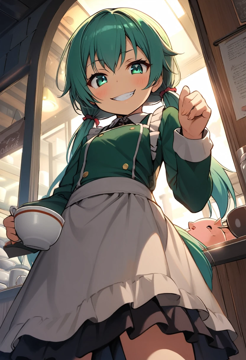 ((little girl)), ((petite)), ((teenage)), ((young girl)), ((young age)), ((14 year's old)), midiam breasts, short pig tail, low twintails, Teal green hair, waitress, hold a tea cup in one's hand,hold a dish in one's hand, smirk, evil grin, cafe, dynamic angle, from below