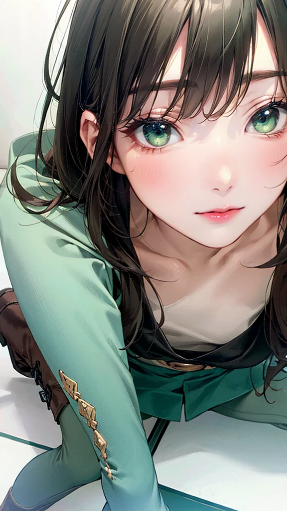 Highest image quality,(8k),ultra-realistic,best quality, high quality, high definition,small, Chest, high quality texture,high detail,beautiful detailed,fine detailed,extremely detailed cg,detailed texture,a realistic representation of the face,masterpiece,Sense of presence),white Crop tank top, Green miniskirt, beautiful mint green long hair, beautiful green eyes, white-skinned, slim, ,white long boots,perfect ???????, black Elbow Grove, BROWN Double belt, Blue Waist Cloak, white long boots,Black Pantyhose