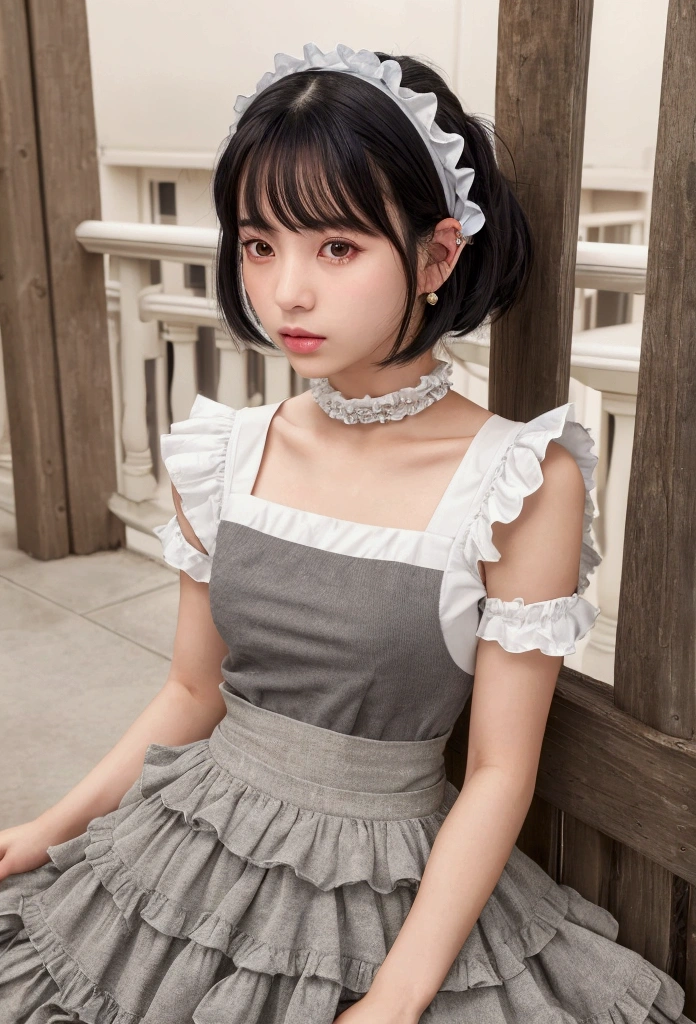 (8k, Photorealistic: 1.2, Raw photo: 1.2, Highest quality: 1.4),Japanese idol-style beautiful girl,model,1 person,18-year-old,(Short Bob),(Black Hair :1.1),She has her hair tucked behind her ears,Headband,Clear grey eyes,Long eyelashes,(piercings(small)),(Lip gloss),thin long neck,(Maid clothes(Frills,Puffy long skirt)),(layer),Western-style building terrace,Preparing tea,Full body portrait