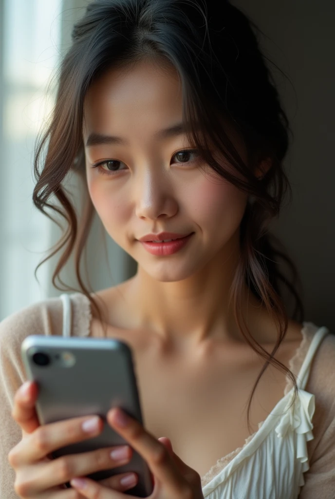 beautiful asian girl looking at iphone
