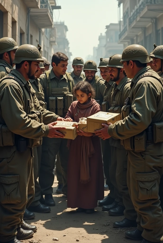 Soldiers helping civilians, sharing rations, and comforting each other.]