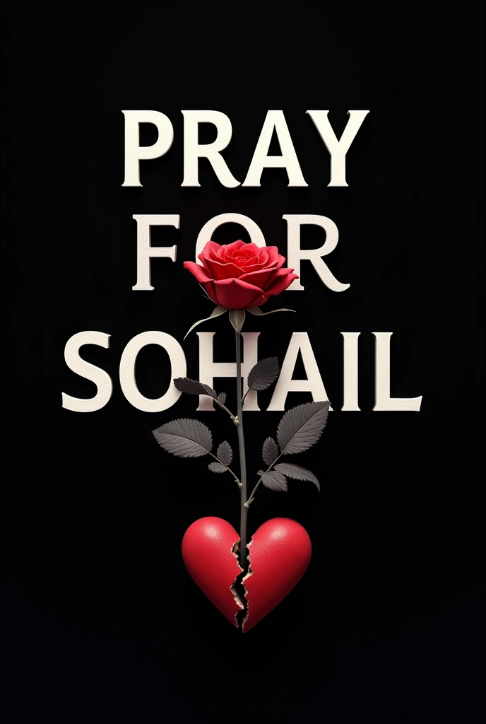 PRAY FOR SOHAIL for A GOOD HEALTH write on BLACK BACKGROUND in large fonts with BLACK ROSE with red leafs and real broken Heart