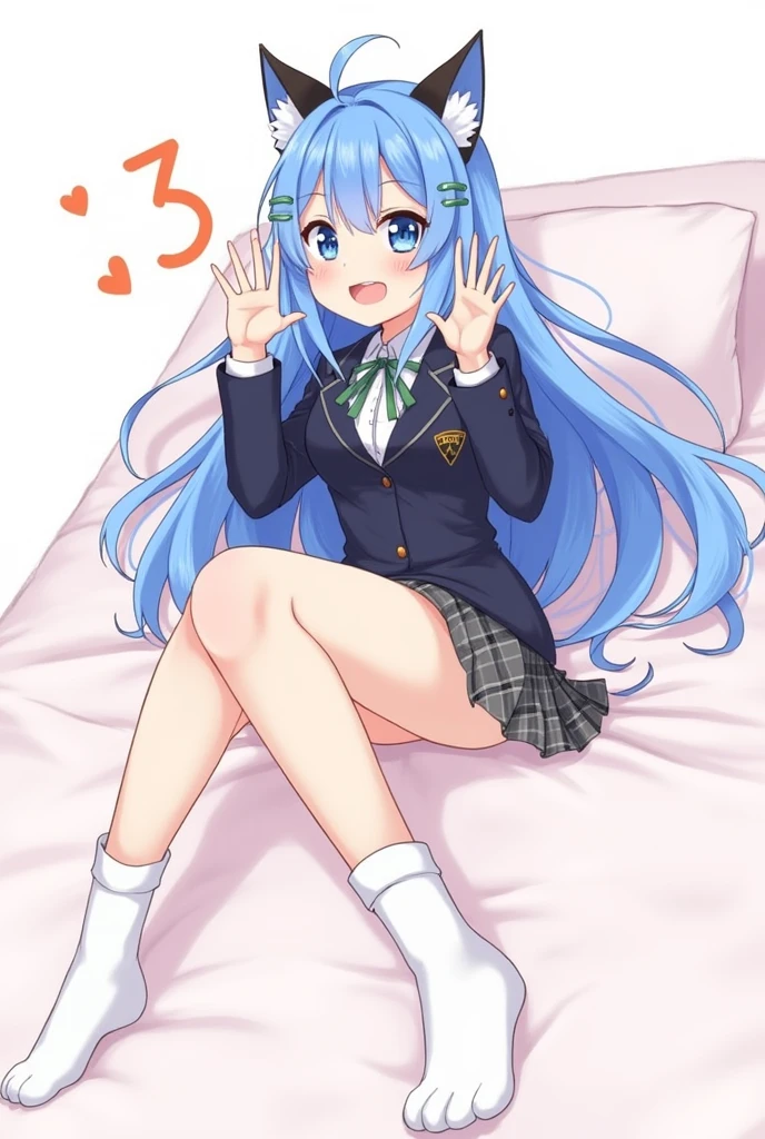 One girl, blue eyes, Long Hair, Blue Hair, Long sleeve, bangs, Cat ear, hair ornaments, Sleeves are longer than the wrist, blush, collared, Simple Background, Staring at the audience, One side up, Hair between the eyes, Slope, ;3, Slope background,Ecstatic expression,beautiful girl, Close your mouth, Heart symbol on background, High School Uniform, skirt,blazer,Lying in bed,Spread your legs, White panties,socks, Embarrassed, Leg spread